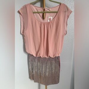 Elegant pink sheer dress with sequins gold/pink bottom half size large